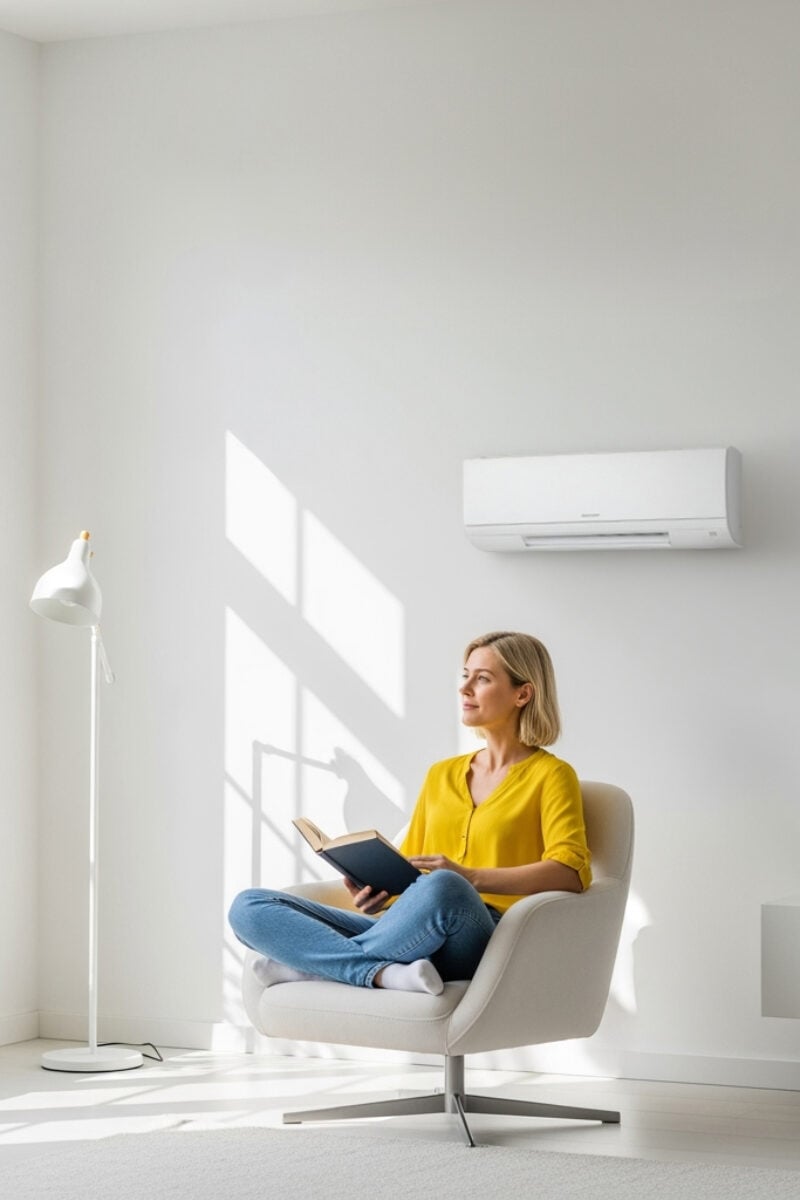 donna seduta che si gode il fresco del climatizzatore